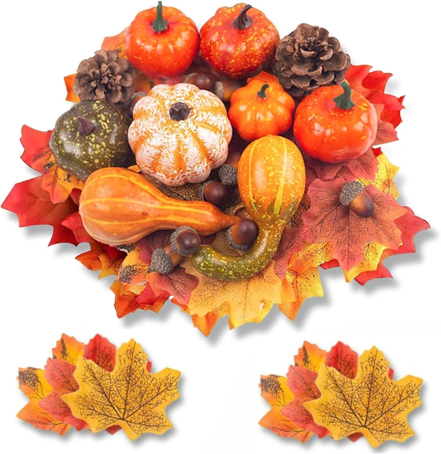 Domestar 50 PCS Thanksgiving Artificial Pumpkins and Gourds Set, 8 PCS Fake Pumpkins, 12 PCS Pinecones and Acorns, 30 PCS Fake Maple Leaves Fall Wedding Tables Centerpieces Artificial Plants & Flowers Artificial Vegetables Home & Kitchen Home Décor Products