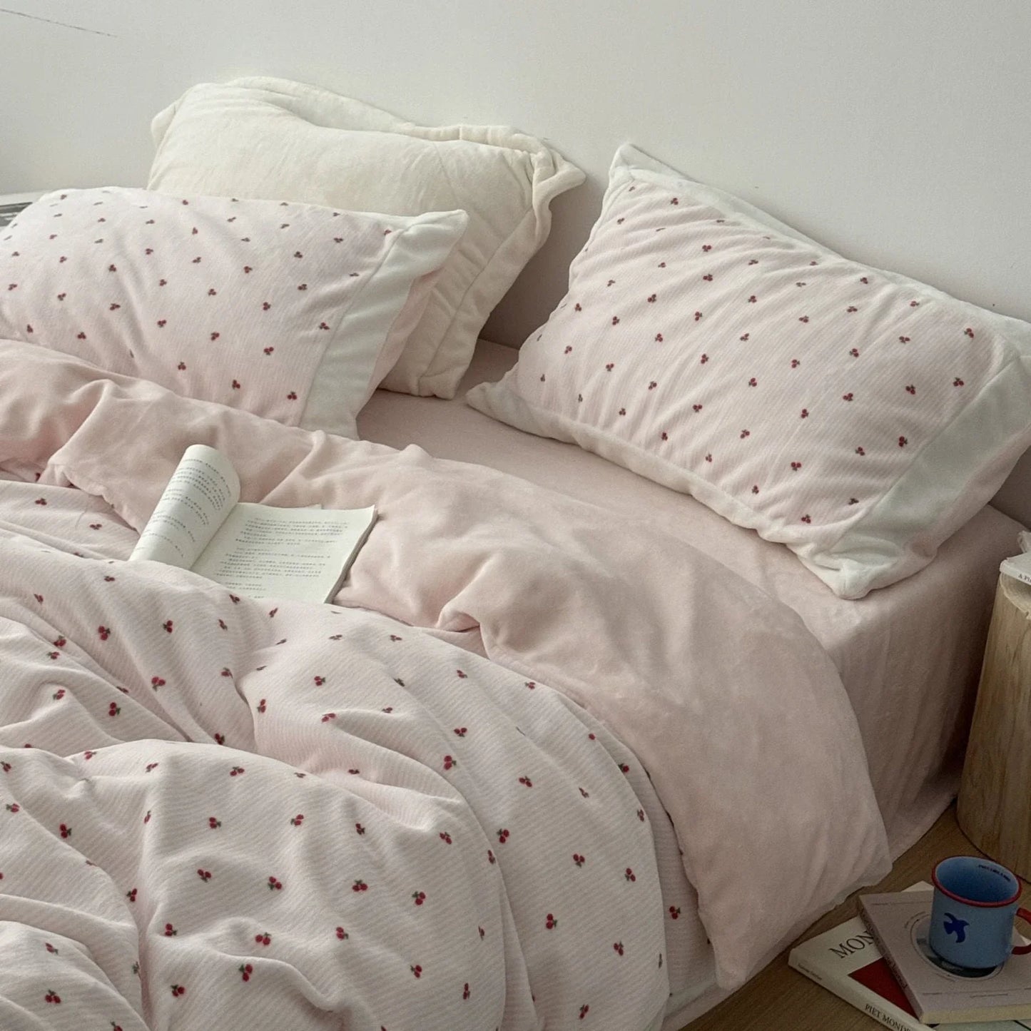 Plush Embroidered Cherry Flannel Fleece Bedding Set