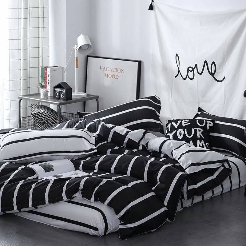 Black & White Striped Bedding Set bed sheet bedsheets black&white striped SUB CATEGORY_Bedding Sets