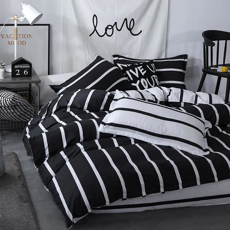 Black & White Striped Bedding Set bed sheet bedsheets black&white striped SUB CATEGORY_Bedding Sets