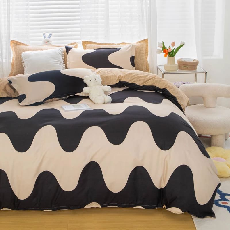 Black & Beige Wavy Bedding Set bed sheet bedsheets striped SUB CATEGORY_Bedding Sets wavy