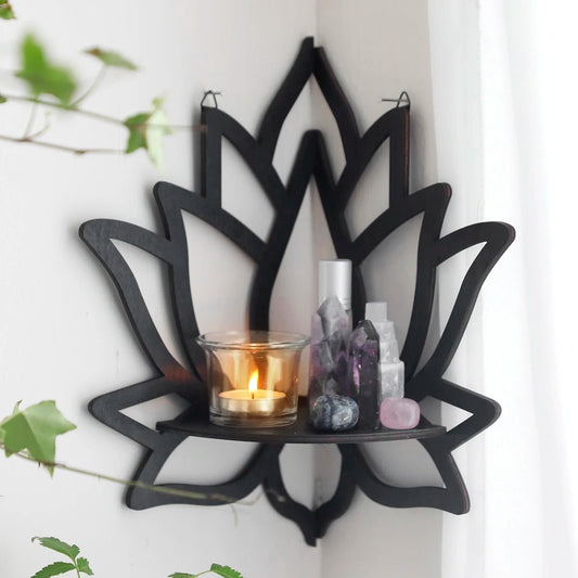 Black Wooden Lotus Corner Wall Shelf