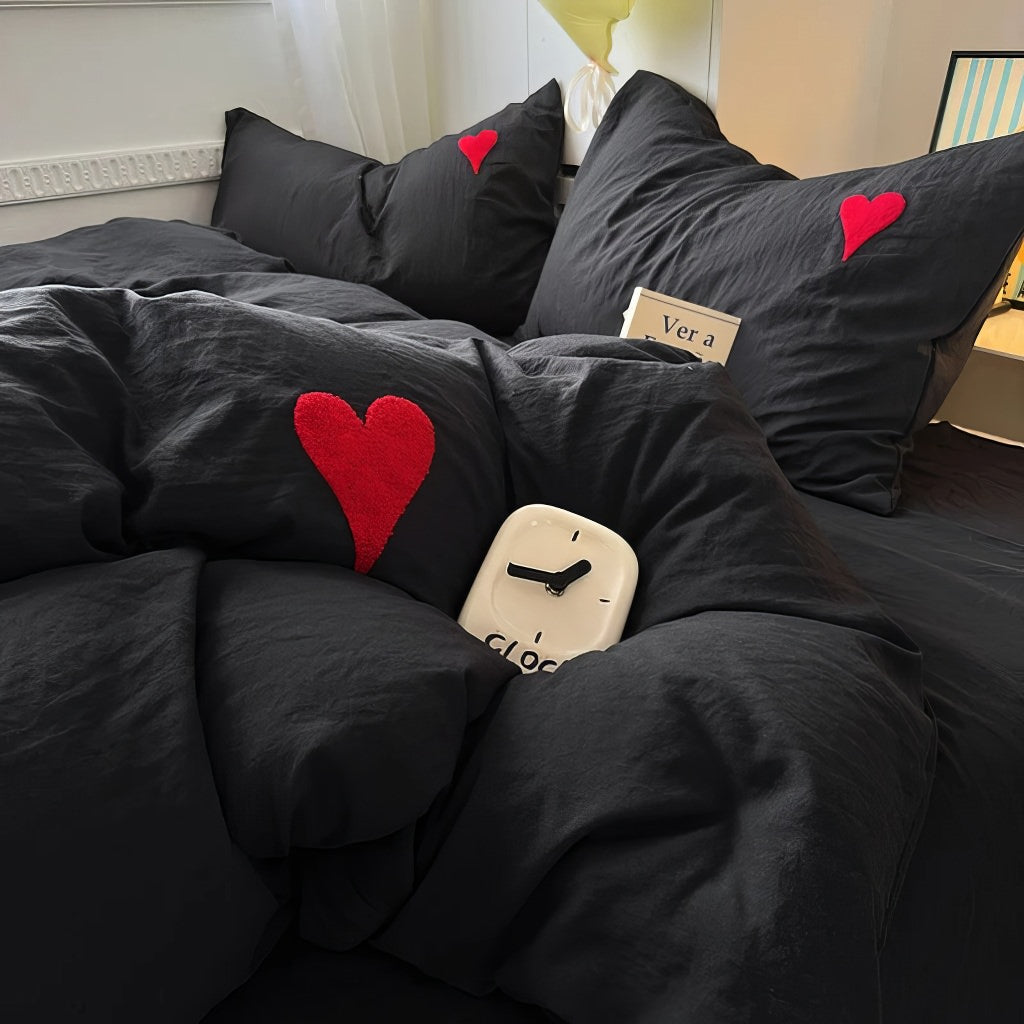 Black Washed Cotton Bedding Set With Red Embroidered Heart