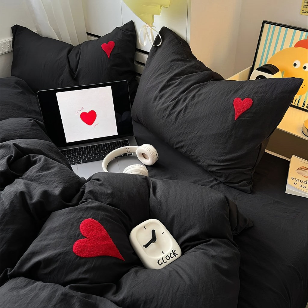 Black Washed Cotton Bedding Set With Red Embroidered Heart