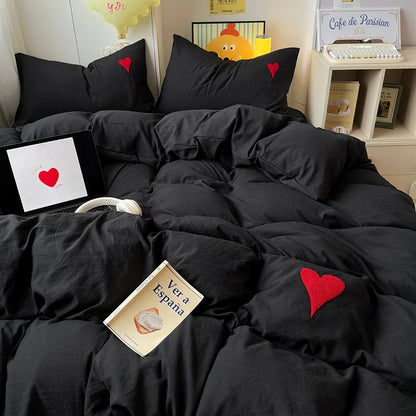 Black Washed Cotton Bedding Set With Red Embroidered Heart