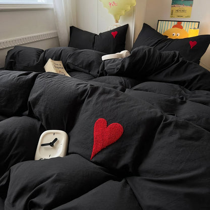 Black Washed Cotton Bedding Set With Red Embroidered Heart