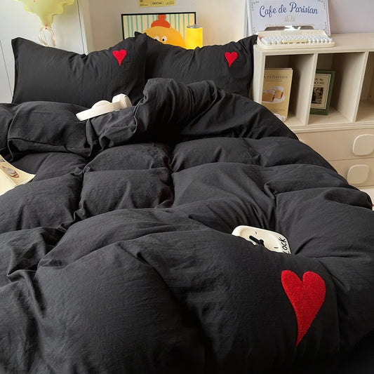 Black Washed Cotton Bedding Set With Red Embroidered Heart