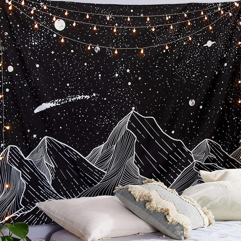 Starry Night Mountains Tapestry black white outline outlines