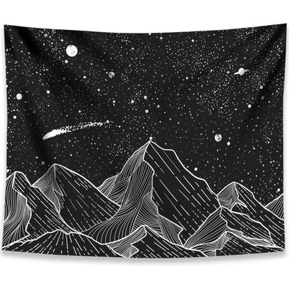 Starry Night Mountains Tapestry black white outline outlines