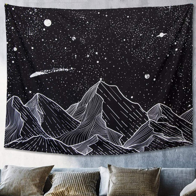 Starry Night Mountains Tapestry black white outline outlines