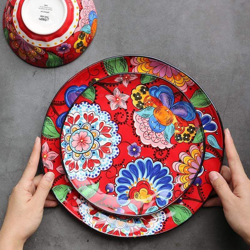 Hand-painted Red Floral Plates And Bowls Plates