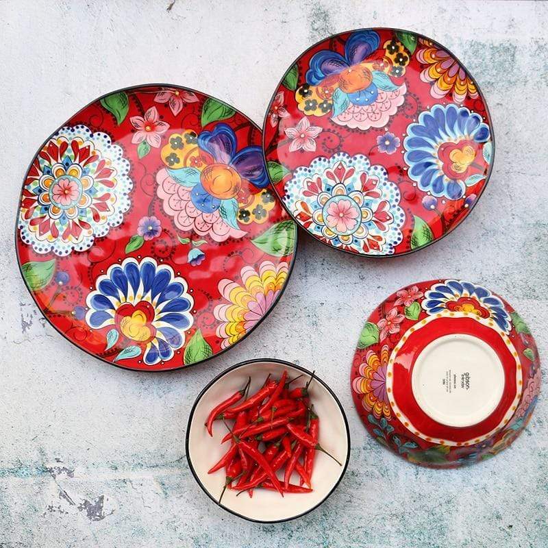 Hand-painted Red Floral Plates And Bowls Plates