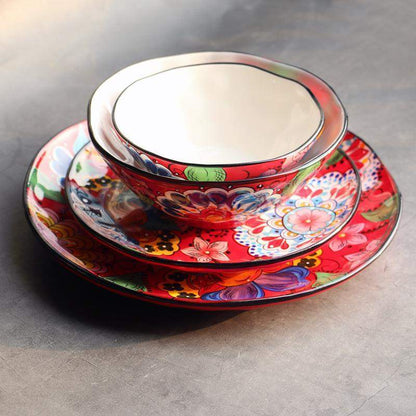 Hand-painted Red Floral Plates And Bowls Plates