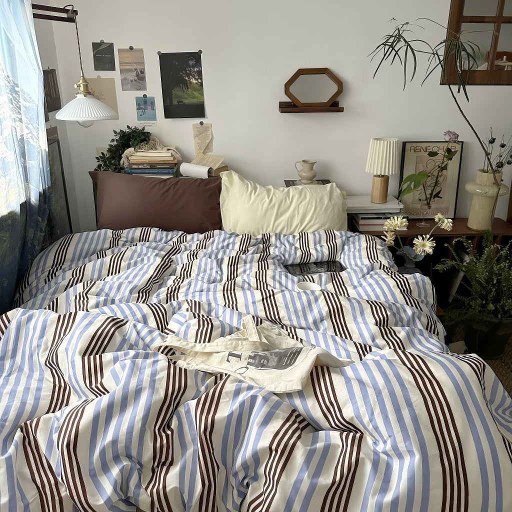 Blue & Brown Vintage Striped Bedding Set