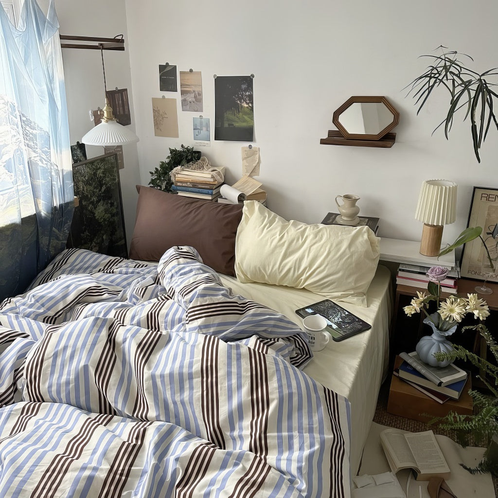 Blue & Brown Vintage Striped Bedding Set