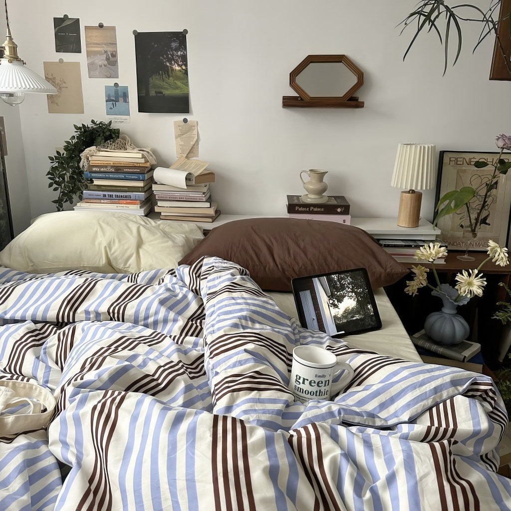 Blue & Brown Vintage Striped Bedding Set