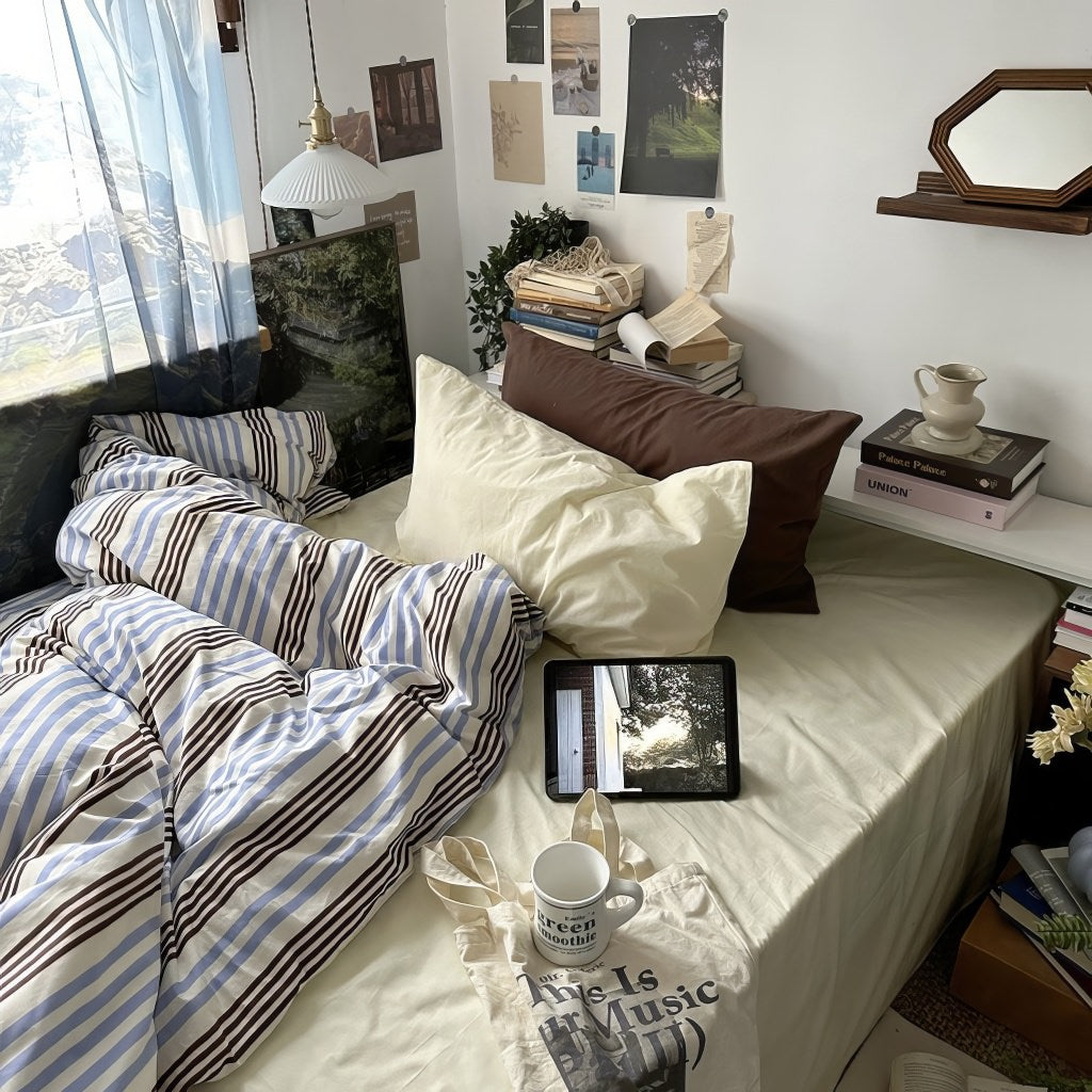 Blue & Brown Vintage Striped Bedding Set