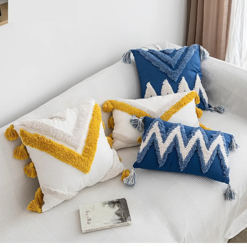 Blue & Yellow Themed Tufted Cushion Cover