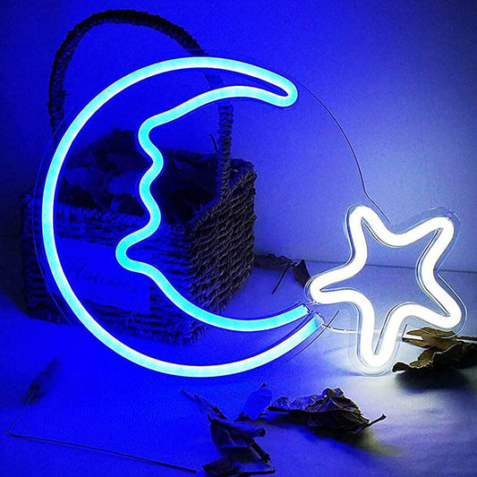 Blue Moon and Star Wall Neon Sign