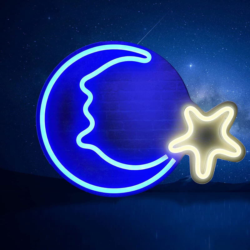 Blue Moon and Star Wall Neon Sign