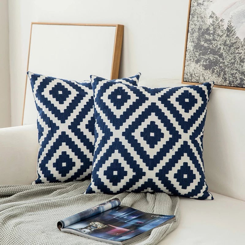 Blue Embroidered Ornaments Cushion Cover boho