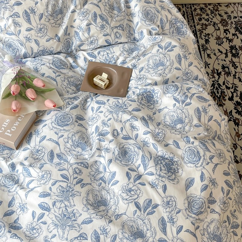 Blue Flowers Pattern Print Bedding Set bed sheet bedsheets coquette cottagecore duvet cover