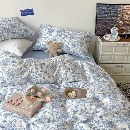 Blue Flowers Pattern Print Bedding Set bed sheet bedsheets coquette cottagecore duvet cover