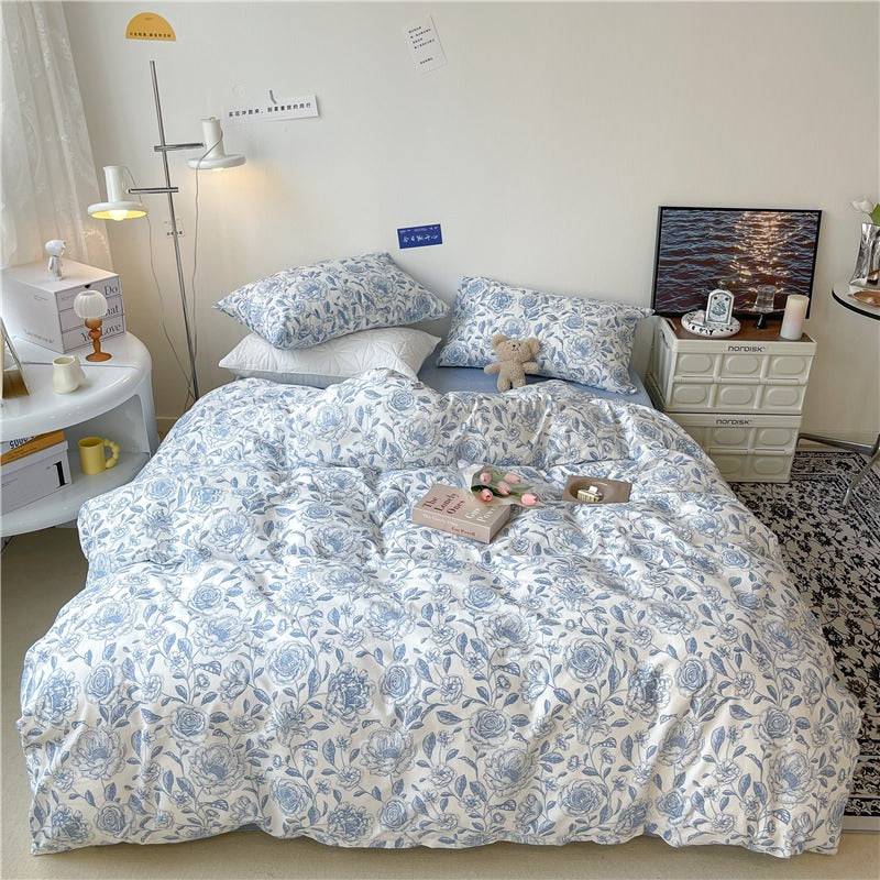 Blue Flowers Pattern Print Bedding Set bed sheet bedsheets coquette cottagecore duvet cover