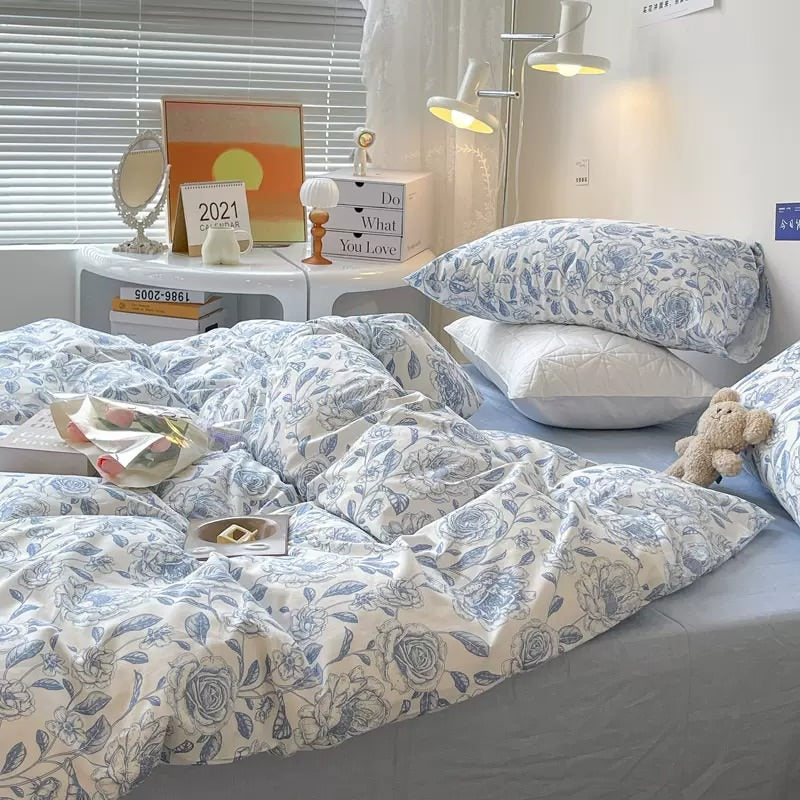 Blue Flowers Pattern Print Bedding Set bed sheet bedsheets coquette cottagecore duvet cover