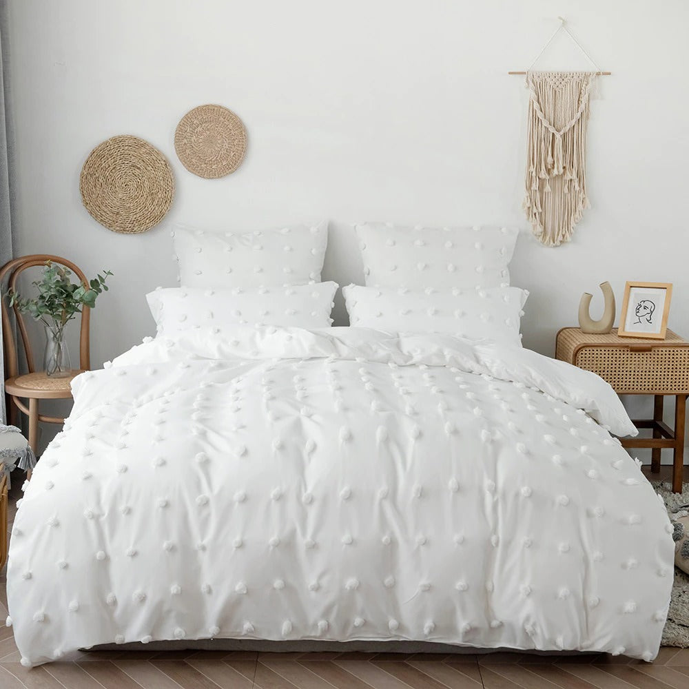 White Pom Pom Bedding Set AESTHETIC_Art Hoe AESTHETIC_Boho AESTHETIC_Soft Girl bed sheet bedsheets bows plush ruffles SUB CATEGORY_Bedding Sets white