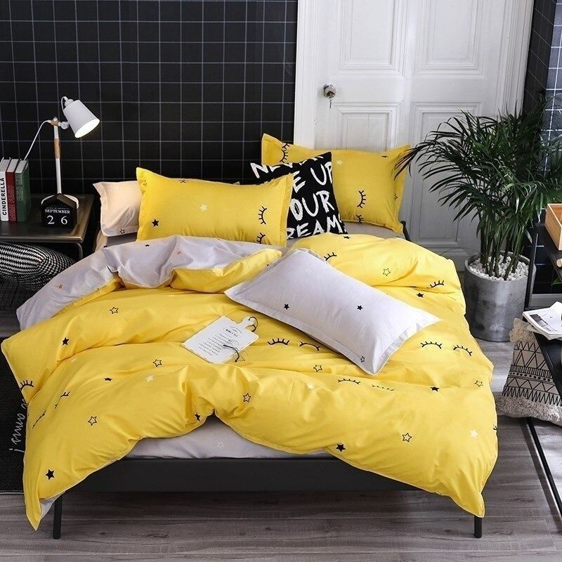 Yellow Sleepy Eyes Bedding Set bed sheet bedsheets bright duvet cover duvet set stars