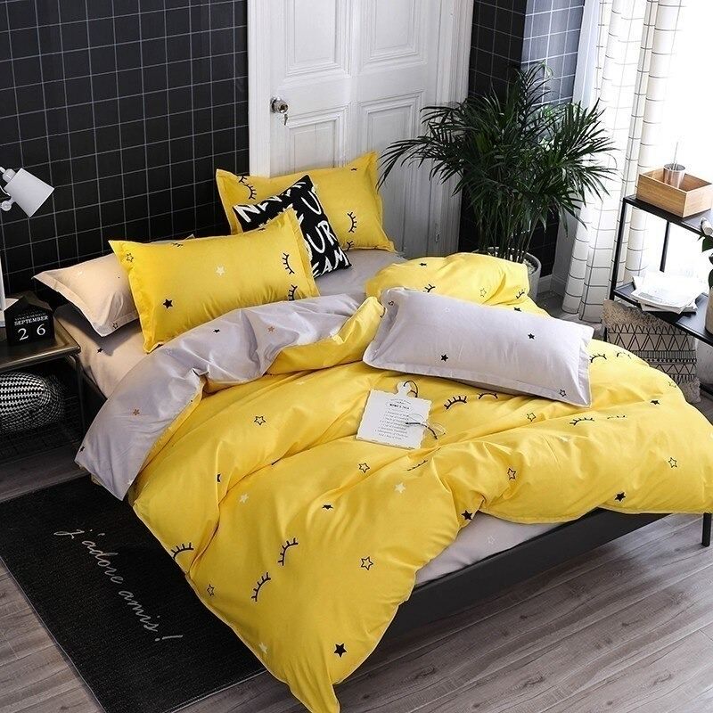 Yellow Sleepy Eyes Bedding Set bed sheet bedsheets bright duvet cover duvet set stars