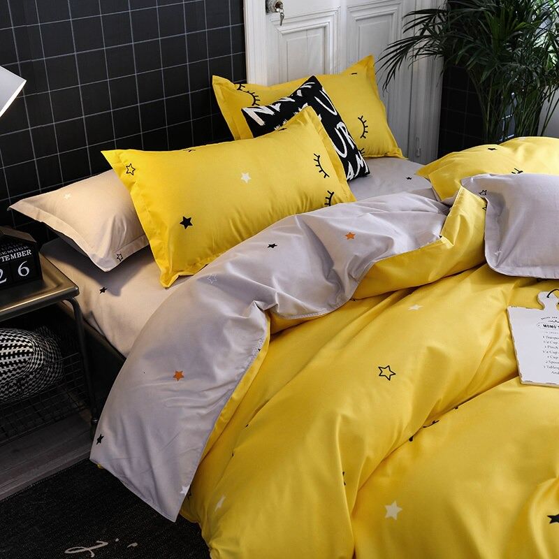 Yellow Sleepy Eyes Bedding Set bed sheet bedsheets bright duvet cover duvet set stars