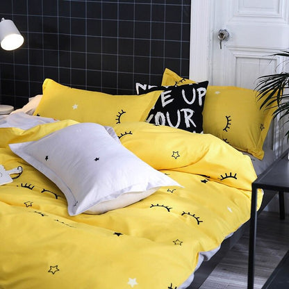 Yellow Sleepy Eyes Bedding Set bed sheet bedsheets bright duvet cover duvet set stars