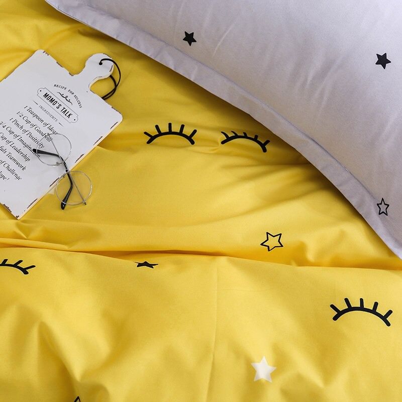 Yellow Sleepy Eyes Bedding Set bed sheet bedsheets bright duvet cover duvet set stars