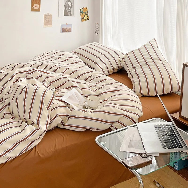 Brown Striped Minimalist Bedding Set bed sheet bedsheets duvet cover