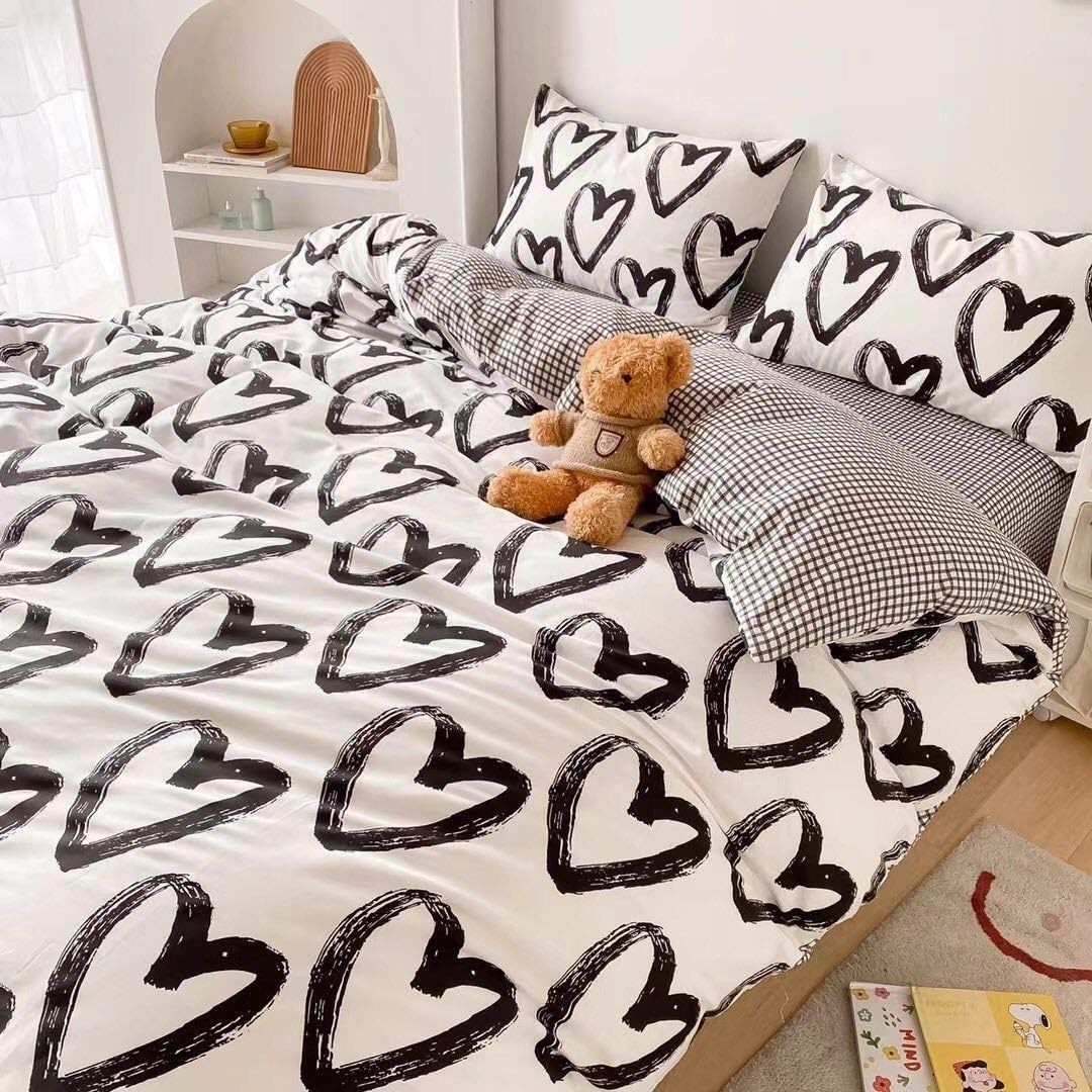 Brush Painted Heart Bedding Set bed sheet bedsheets black&white heart SUB CATEGORY_Bedding Sets