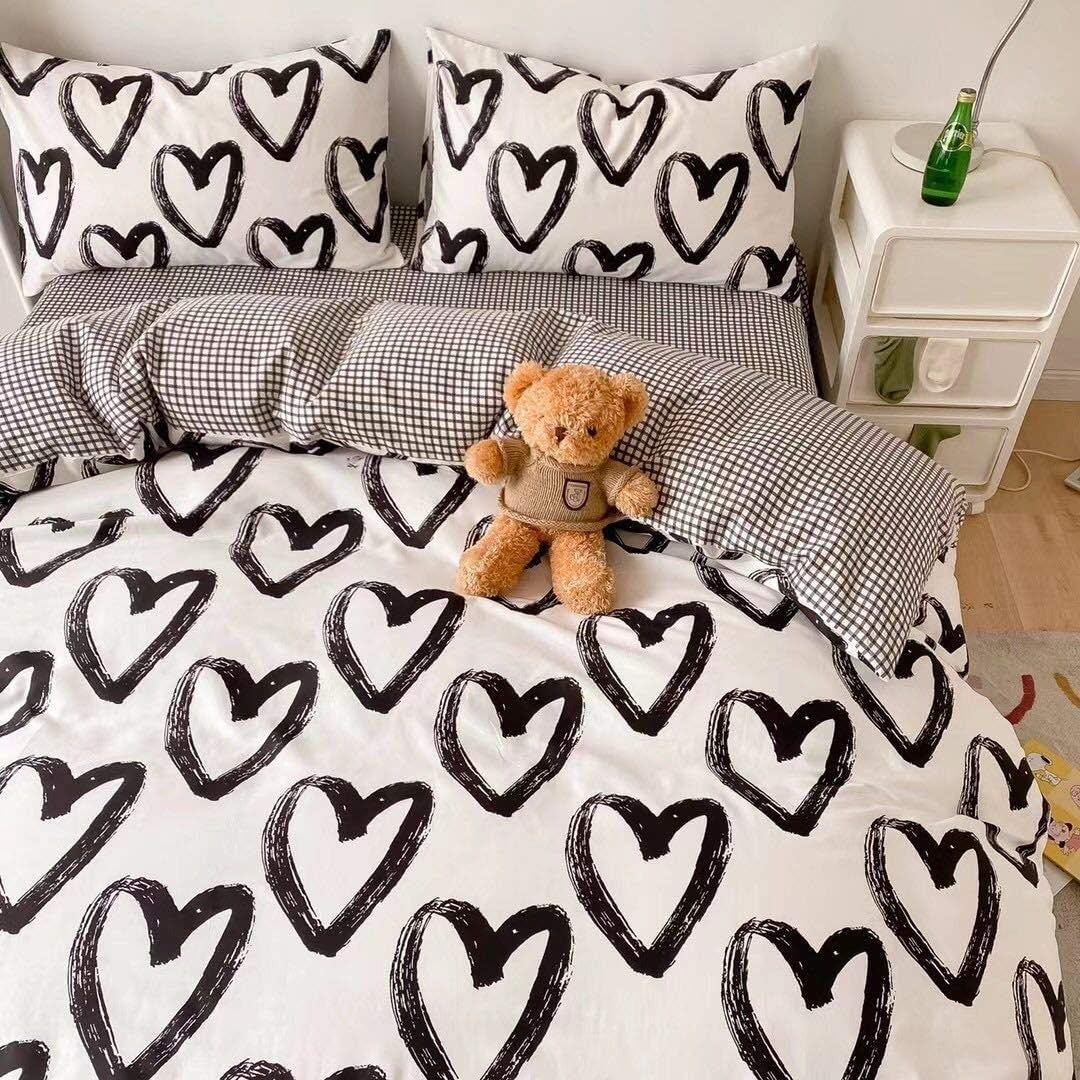 Brush Painted Heart Bedding Set bed sheet bedsheets black&white heart SUB CATEGORY_Bedding Sets