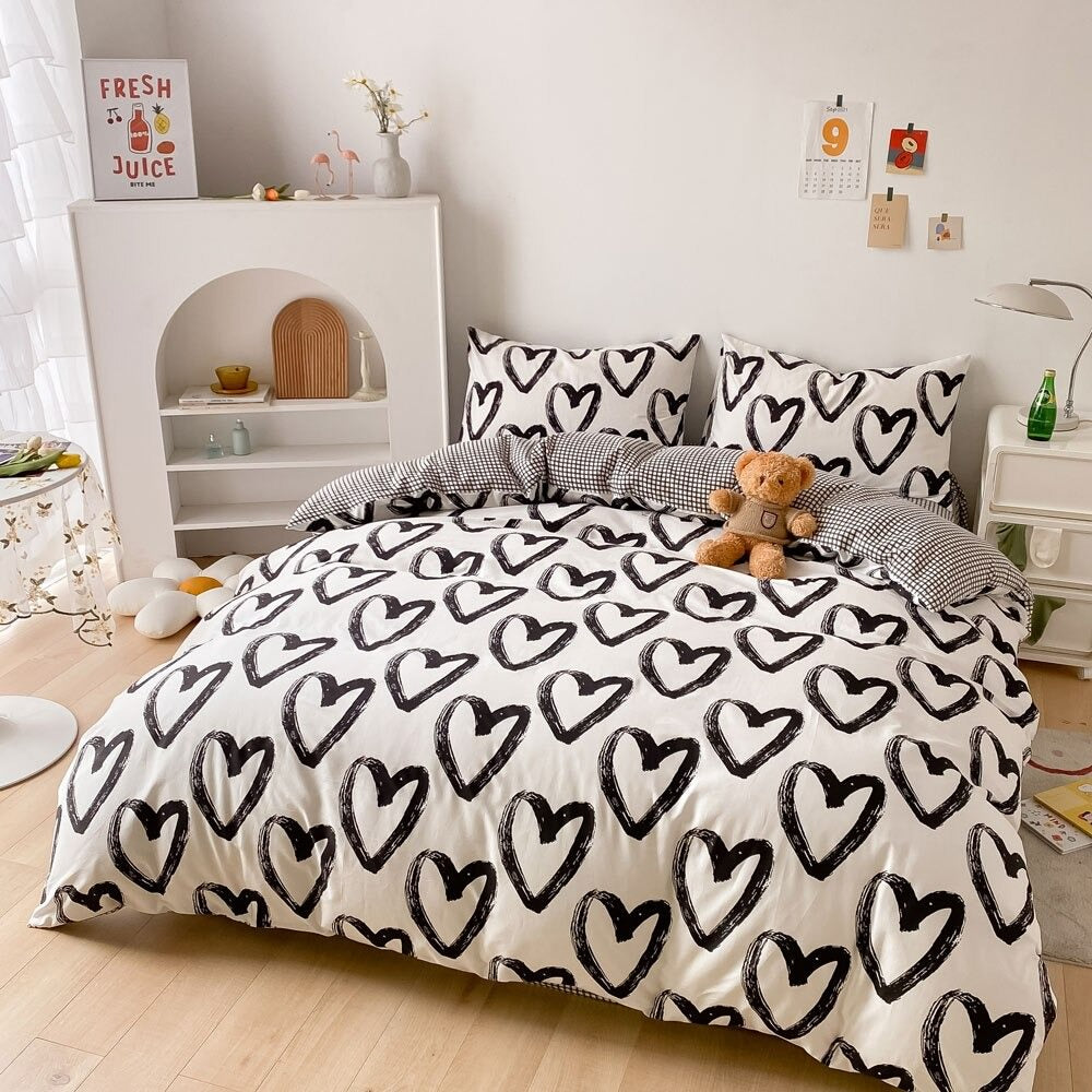 Brush Painted Heart Bedding Set bed sheet bedsheets black&white heart SUB CATEGORY_Bedding Sets