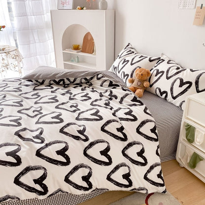 Brush Painted Heart Bedding Set bed sheet bedsheets black&white heart SUB CATEGORY_Bedding Sets