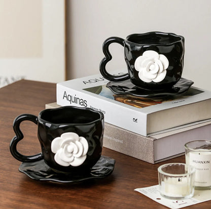 Textured Camellia Floral Ceramic Mug & Saucer Set
