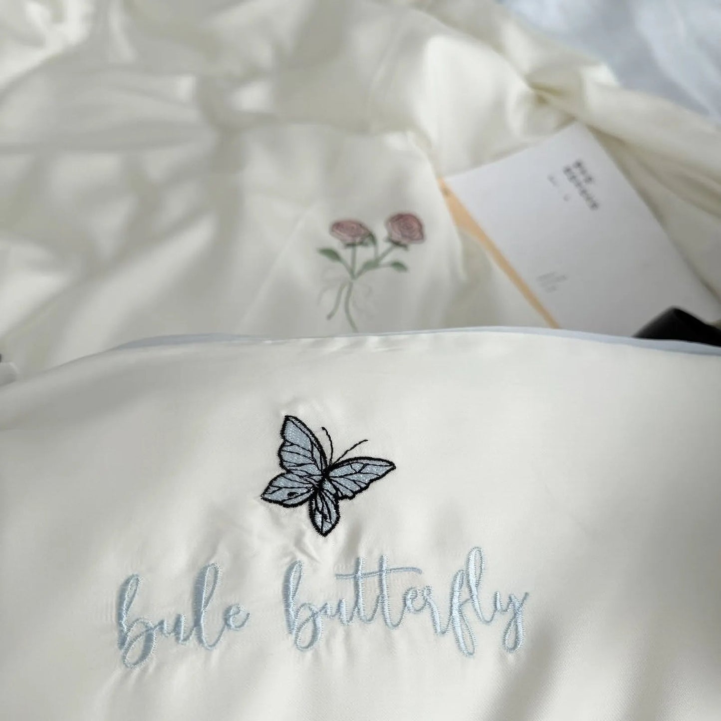 Silky Embroidered Butterfly & Rose Tencel Bedding Set