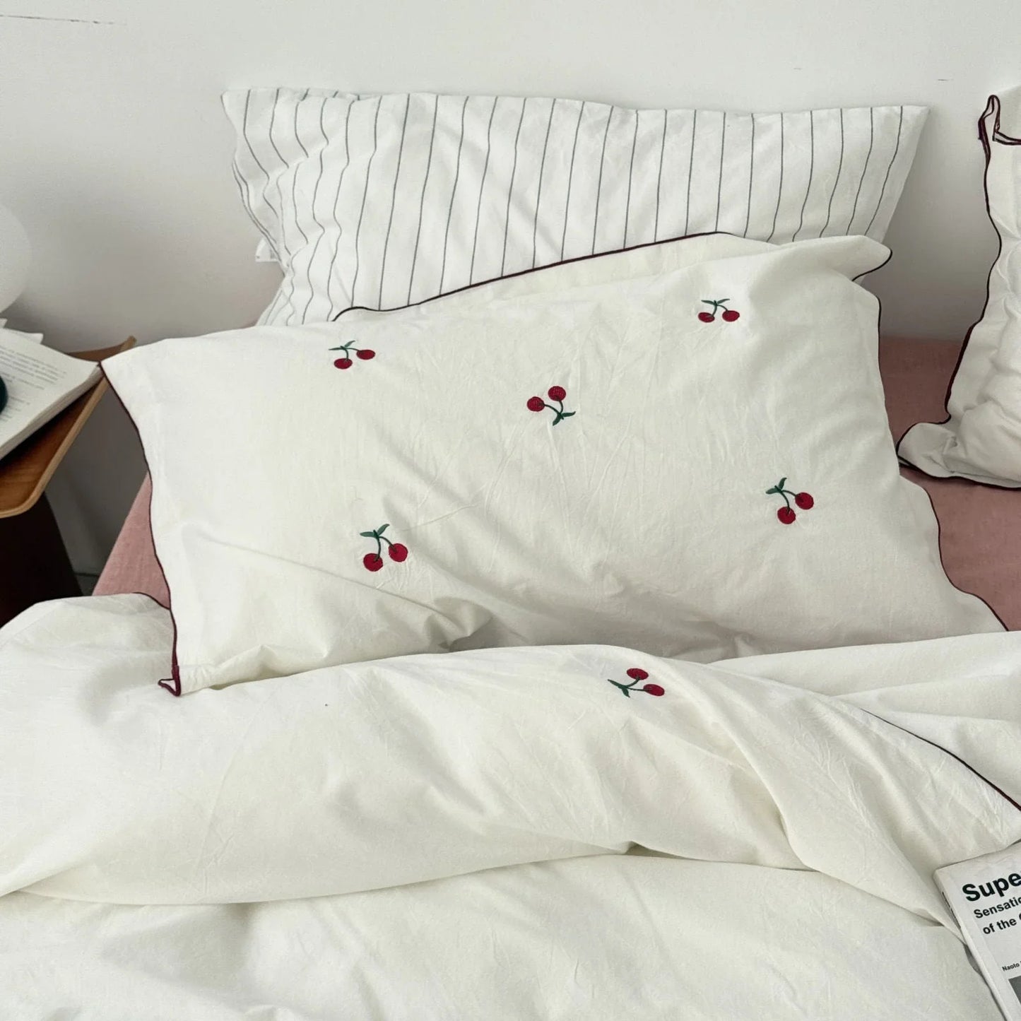 Soft Embroidered Cherry Washed Cotton Bedding Set