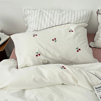 Soft Embroidered Cherry Washed Cotton Bedding Set