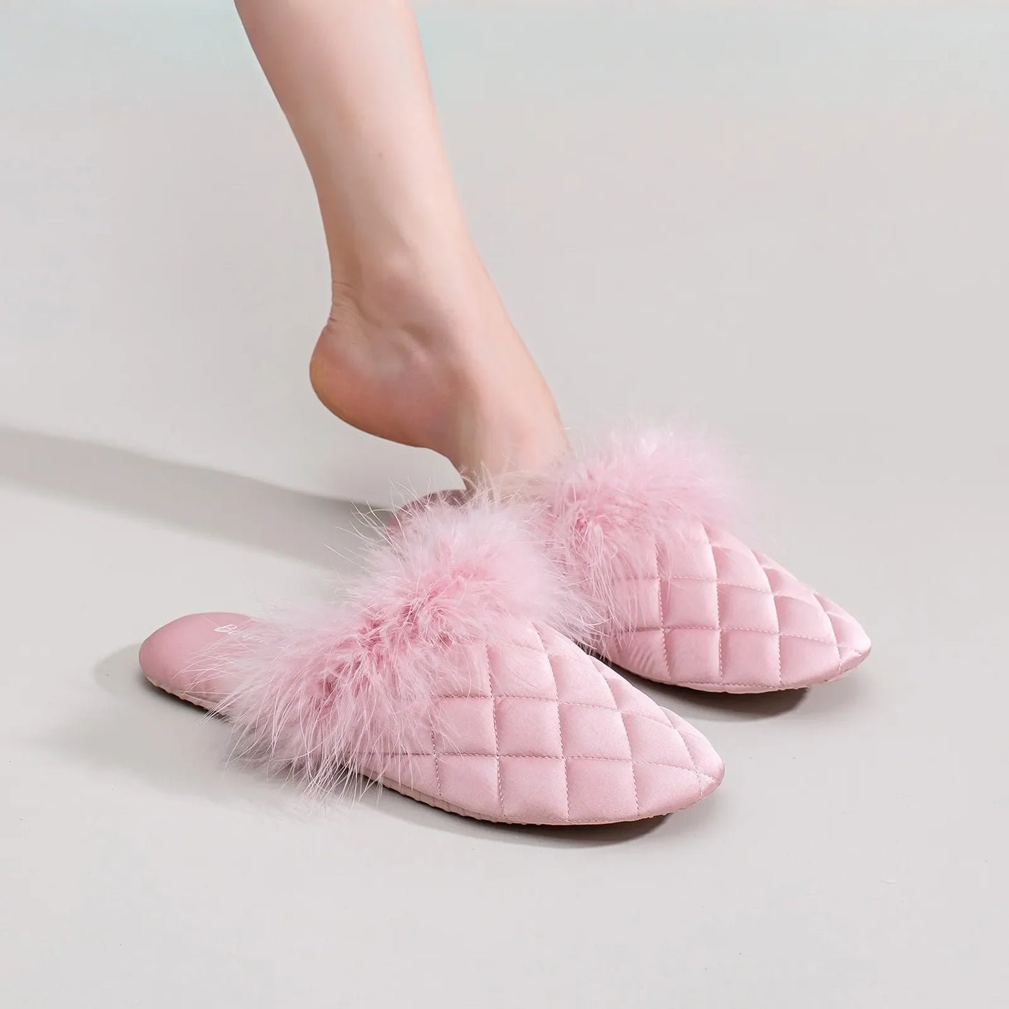 Plush Feathery Quilted Satin House Slippers