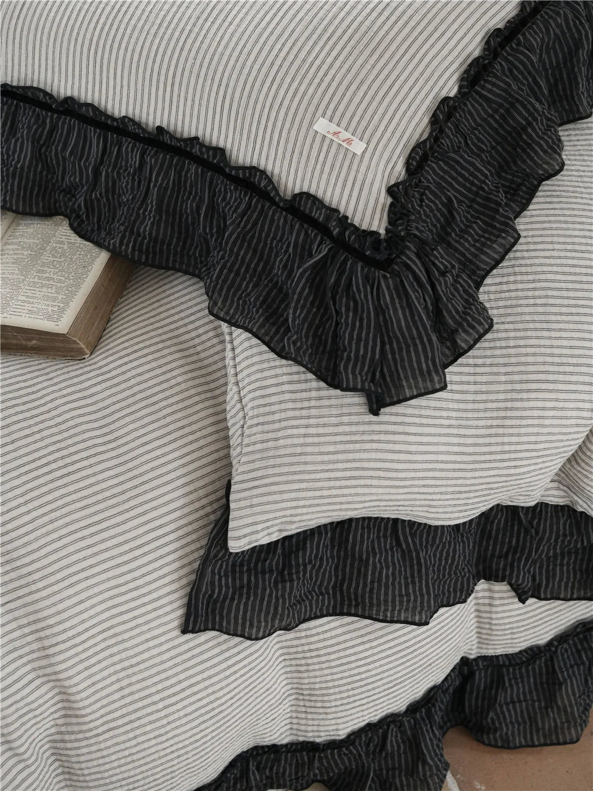 Ruffle Trim Pinstripe Washed Cotton Bedding Set