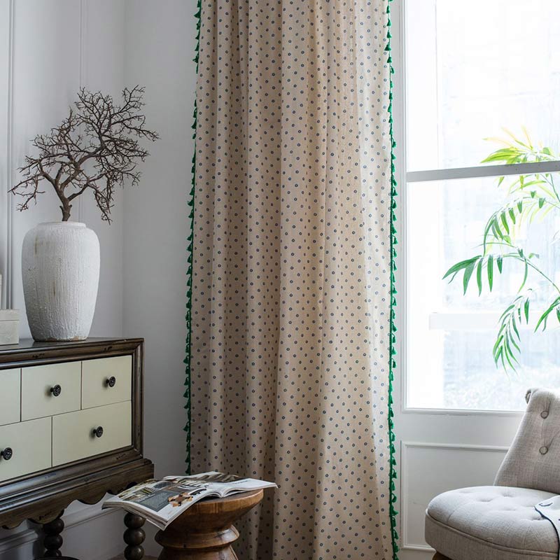 Blue Daisy Green Cotton Curtain