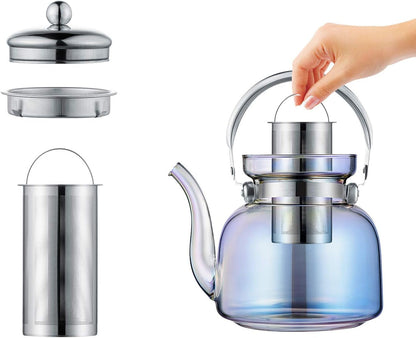 50 Oz(1500Ml) Glass Teapot Kettle with Lid, Removable Stainless Steel Infuser and Handle, Stovetop Safe Tea Maker for Blooming and Loose Leaf Tea（Iridescent） Dining & Entertaining Dinnerware & Serveware Home & Kitchen Kitchen & Dining Teapots Teapots & Coffee Servers