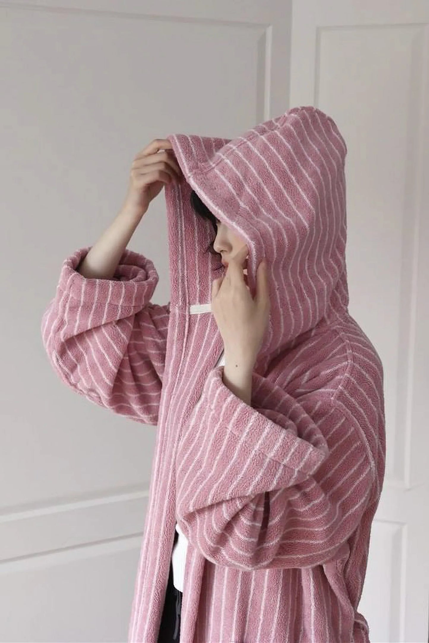 Plush Vertical Striped Cotton Hooded Robe