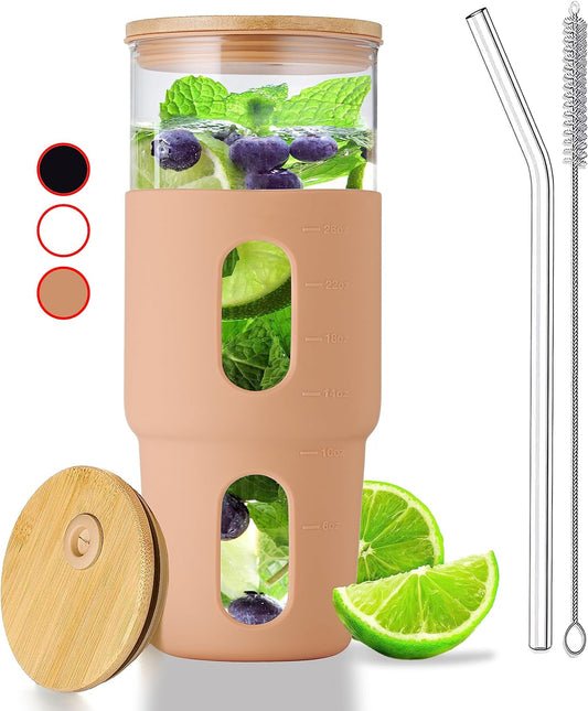 32Oz Drinking Glass Tumbler with Bamboo Lid and Straw - Silicone Sleeve - Fits Car Cup Holder - Reusable Boba Smoothie Cup, Spill Proof Travel Water Bottle, Iced Coffee Tumbler, BPA Free - Amber. Dining & Entertaining Glassware & Drinkware Home & Kitchen Kitchen & Dining Tumblers & Water Glasses